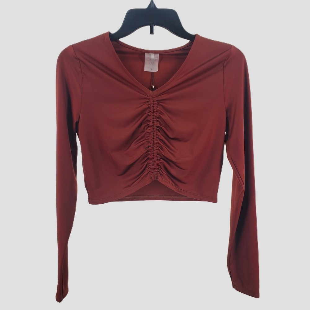 CALIA Womens Small Ruched Rash Guard Swim Top Red Brown Shine Long Sleeve UPF 50